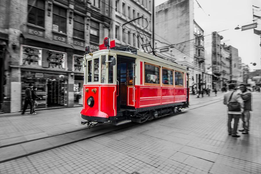 Red tram in Istanbul Istiklal street Istanbul Turkey