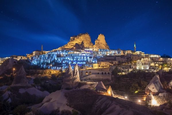 Night view of The Uchisar Castle Cappadocia Turkey Depositphotos 391389228 S